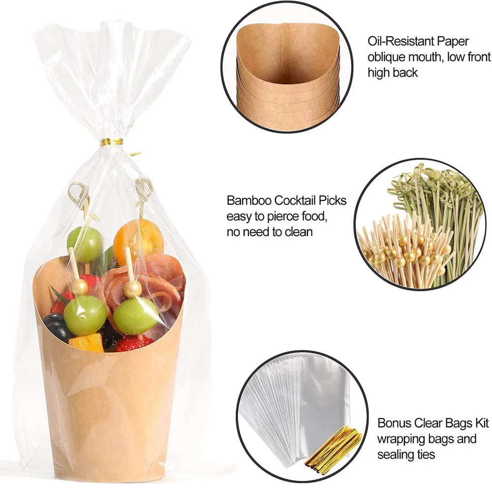 Disposable Charcuterie Cups,14oz Kraft Paper Snack Boxes Appetizers Cup French Fry Holder Cocktail Skewer Toothpicks Tooth Picks