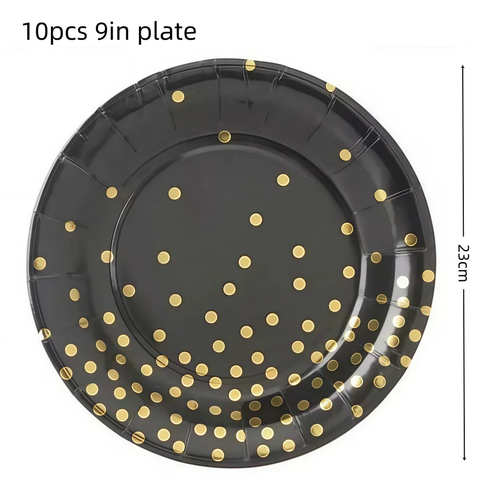 Black Gold Birthday Party Decorations Tableware Paper Plates Cups Napkin Tablecloth for Adult Kids Happy Birthday Party Supplies