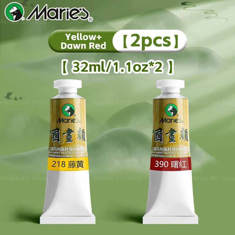 Marie's Chinese Painting Pigment Set,2pcs 32ml/1.13oz Tube,Watercolor Sumi Paint Kit for Drawing,Writing,Ink,Landscape for Adult