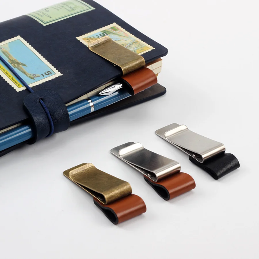 Handmade Leather Pen Holder Clip Brass Stainless Steel Holder For Journal Notebook Paper Folder Home Office Daily Desktop Use
