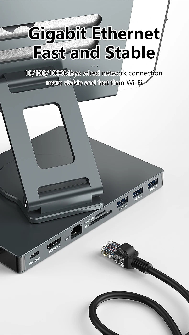 Blueendless Ipad Stand USB C Hub 4K 60HZ HD Type-C 100W PD SD/TF Slot Reader USB 3.0 5Gbps 9 In 1 Type-C Hub Ipad Holder