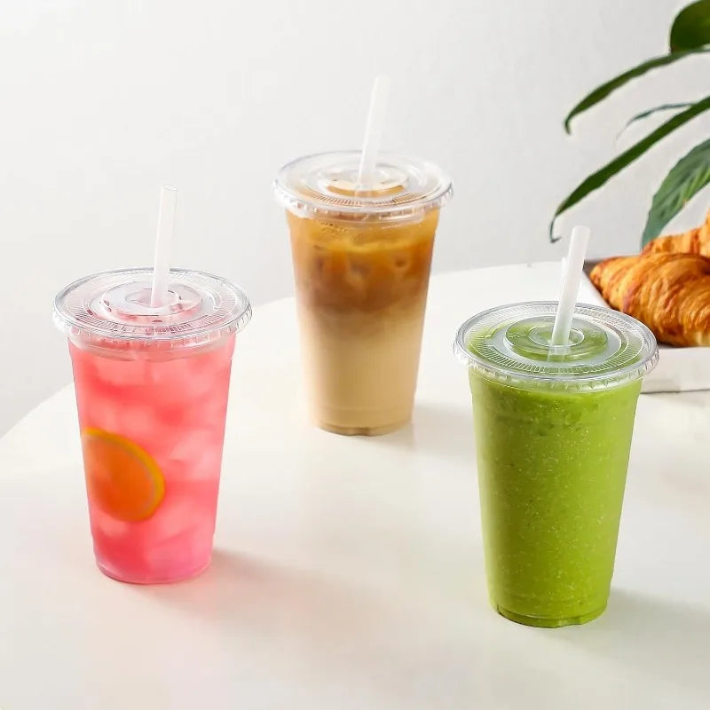 50PCS Clear Disposable Plastic Cups Flat Lids Drinking Cup for Party Wedding Ice Coffee Milkshakes Smoothies Cold Drinks