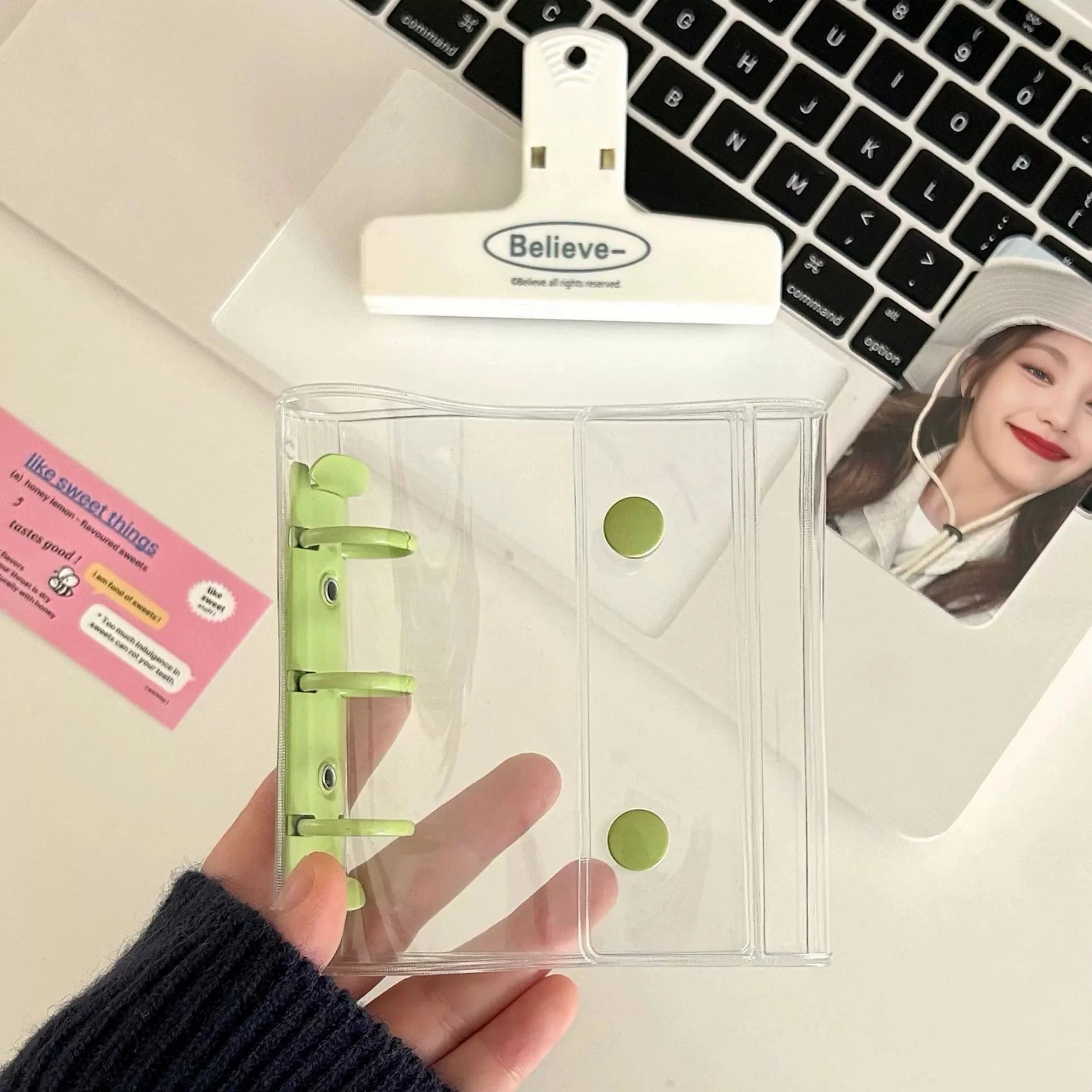 Mini Transparent 3 Ring Binder Covers, Beaded Storage Soft Notebook Closure Loose Leaf Folder Round Ring Cover Protector Button