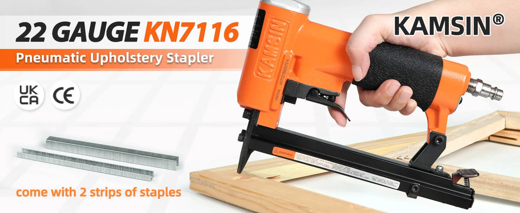 KAMSIN 7116 Nail Gun 22 Gauge Pneumatic Upholstery Stapler 71 Series Staples Fine Wire Stapler for Furniture and Fabric