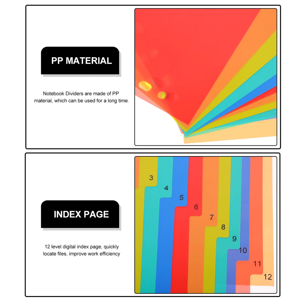 12 Index Page Dividers A4 11 Hole Plastic Binder Notebook Dividers PP Detachable Colored Tabs Document Separator Sheets