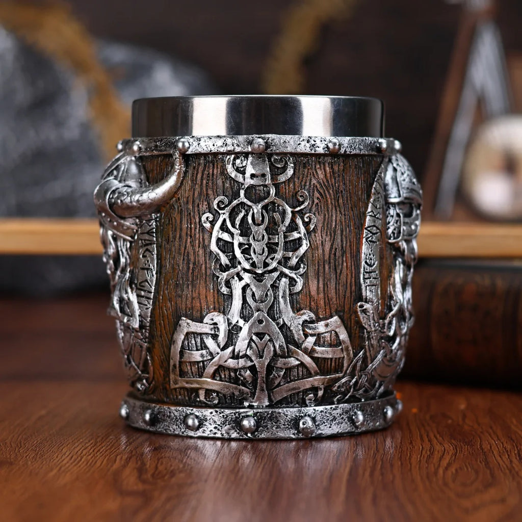 Valhalla Viking Stainless Steel Nordic Viking Barrel Dragon Boat Warrior Horn Skull Beer Mug Tankard Stein Cup 400 ML