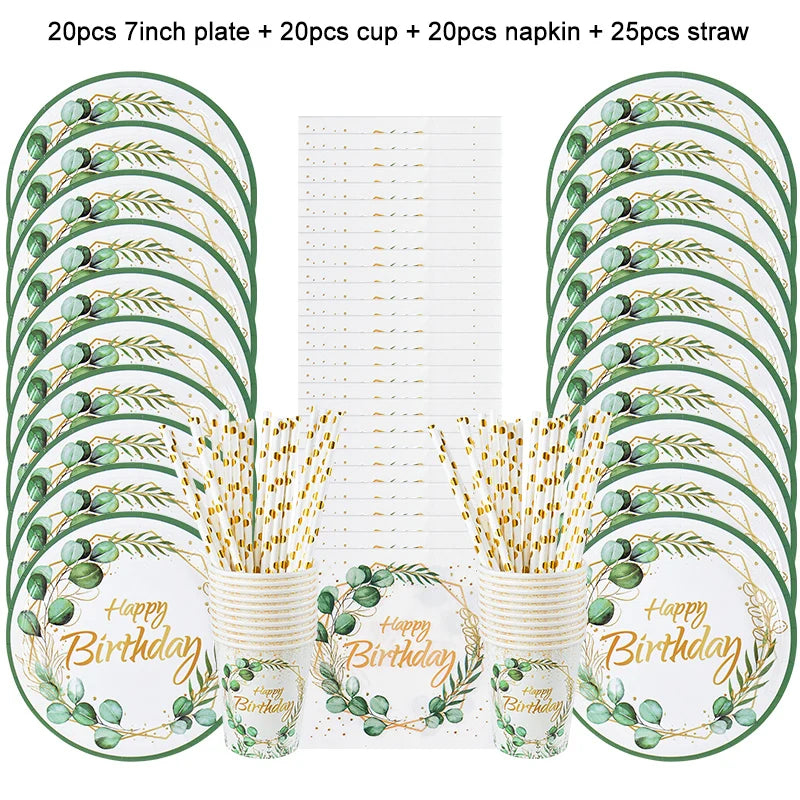 Green Eucalyptus Leaf Disposable Tableware Paper Plate Cup Napkin Banner Kids Adult Happy Birthday Birthday Party Decor Supplies