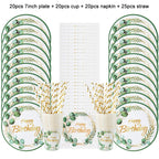 Green Eucalyptus Leaf Disposable Tableware Paper Plate Cup Napkin Banner Kids Adult Happy Birthday Birthday Party Decor Supplies
