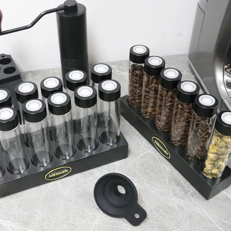 Coffee Beans Storage Container Glass Tube Bottle With Breathable Lid Wooden Display Rack Barista Accessories Coffeware Sets Gift
