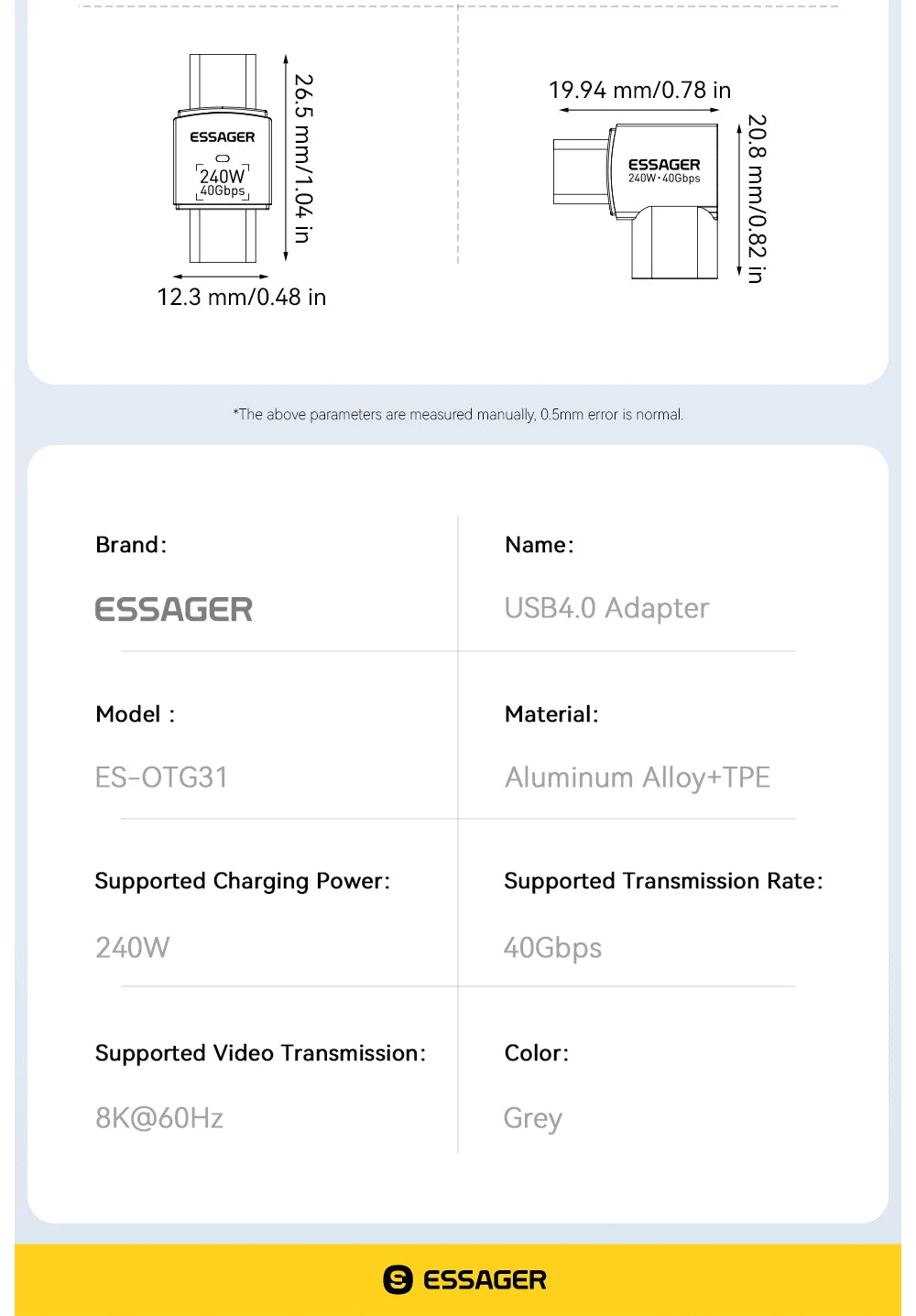 Essager USB4.0 40Gbps OTG Converter 240W Power Delivery Right Angle USB C Data Transfer Adapter For Phone Macbook Tablet 8K60Hz