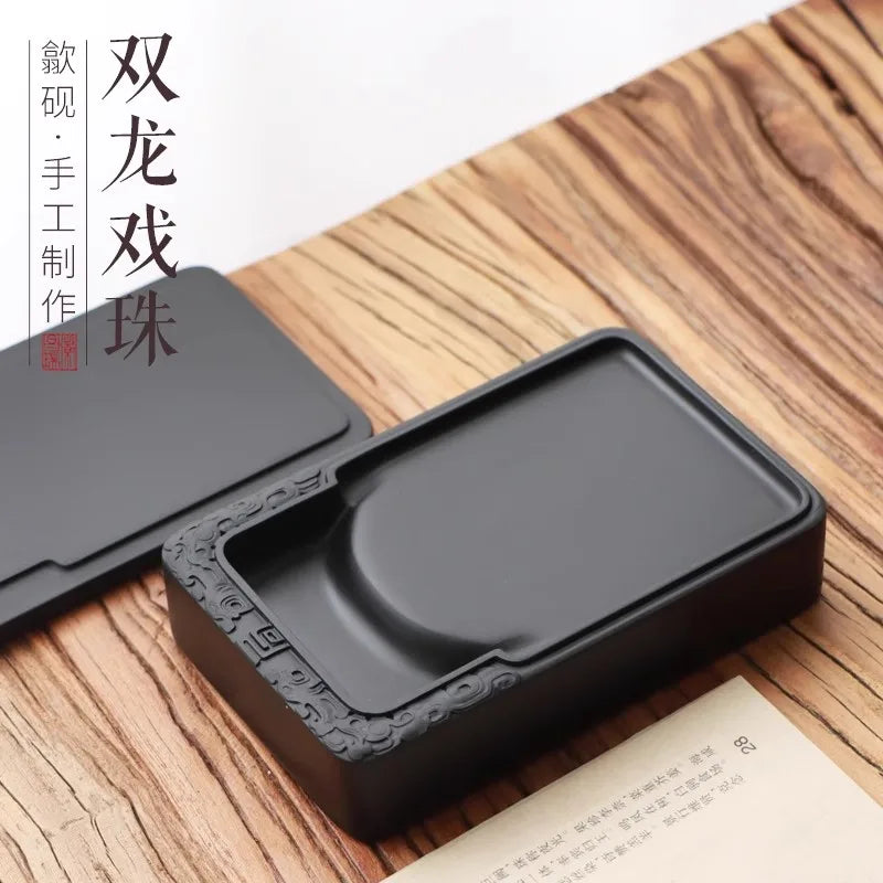 Natural Stone Rectangular Inkstone with Lid - Traditional Chinese Calligraphy Ink Slab, Four Treasures, Handmade Art Gift