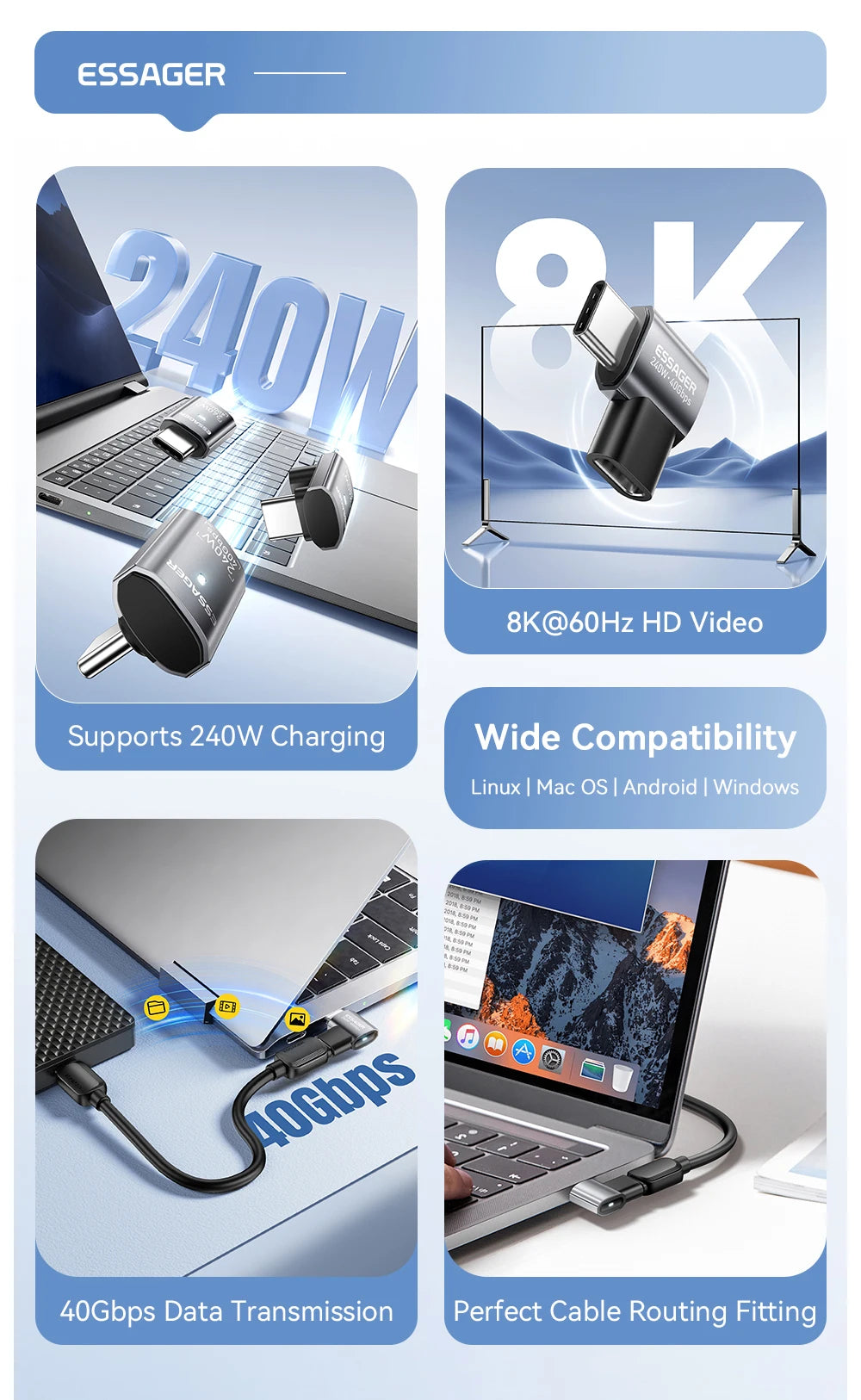 Essager USB4.0 40Gbps OTG Converter 240W Power Delivery Right Angle USB C Data Transfer Adapter For Phone Macbook Tablet 8K60Hz