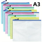 10pcs, A3 Mesh Zipper File Bag,5 colors, waterproof plastic file Bag for organizing school and office supplies, cosmetics, trave
