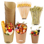 Individual Disposable Charcuterie Cups with Sticks Portable Bags Cocktail Skewers 16oz Brown Paper Appetizer Cups for French Fry