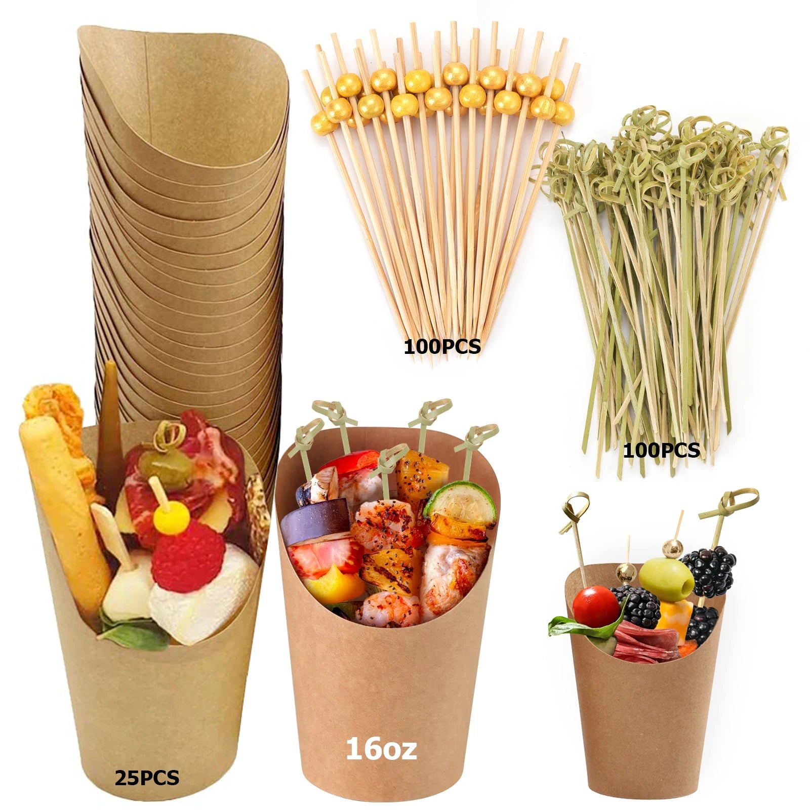 Individual Disposable Charcuterie Cups with Sticks Portable Bags Cocktail Skewers 16oz Brown Paper Appetizer Cups for French Fry