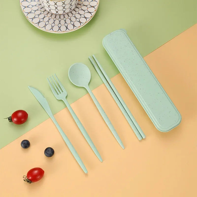 4PCS/Set Wheat Straw Tableware Box Spoon Fork Chopsticks Cutlery Dinnerware Children Adult Travel Portable Kitchen Accessories