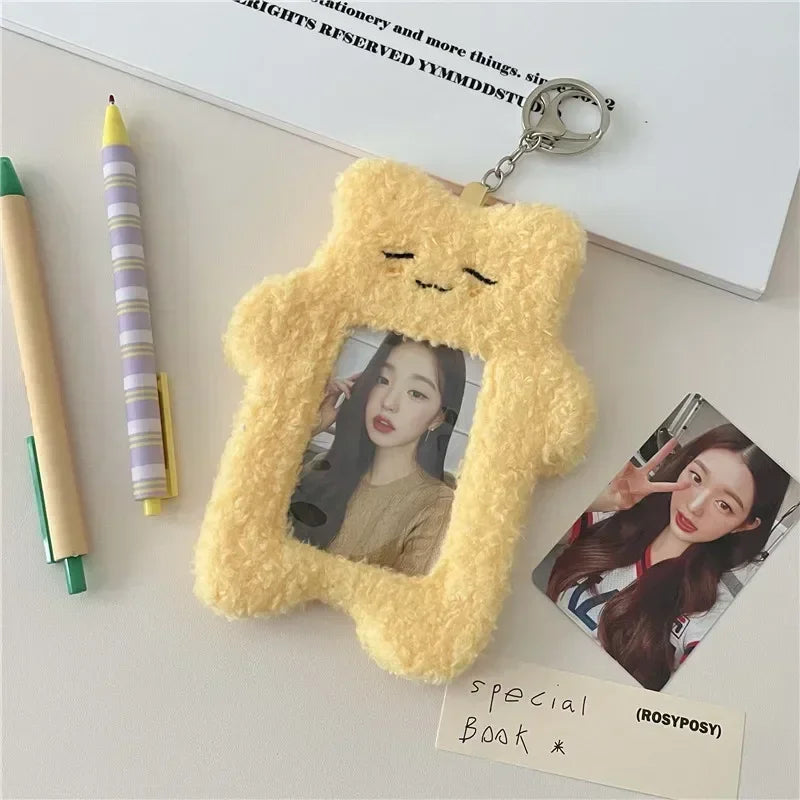 ID Card Holder Keychains kawaii Cartoon Plush Photocard Holder Korean Desk Accessories Kpop Stationery Idol Display Stand