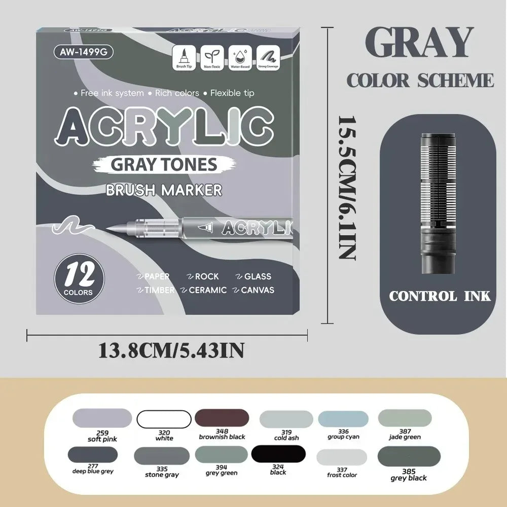 12 Pcs Black and White/Gold and Silver Acrylic Paint Markers Set, Large Ink Capacity, Skin Color Brush Markers Pen Art Supplies