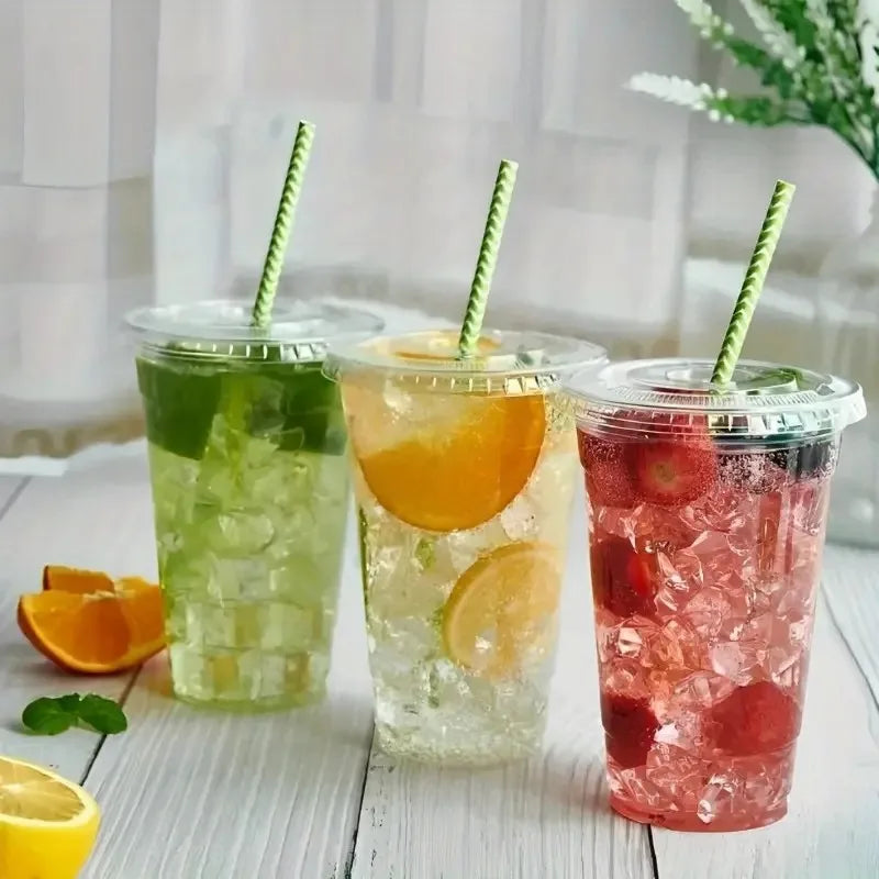 50PCS Clear Disposable Plastic Cups Flat Lids Drinking Cup for Party Wedding Ice Coffee Milkshakes Smoothies Cold Drinks