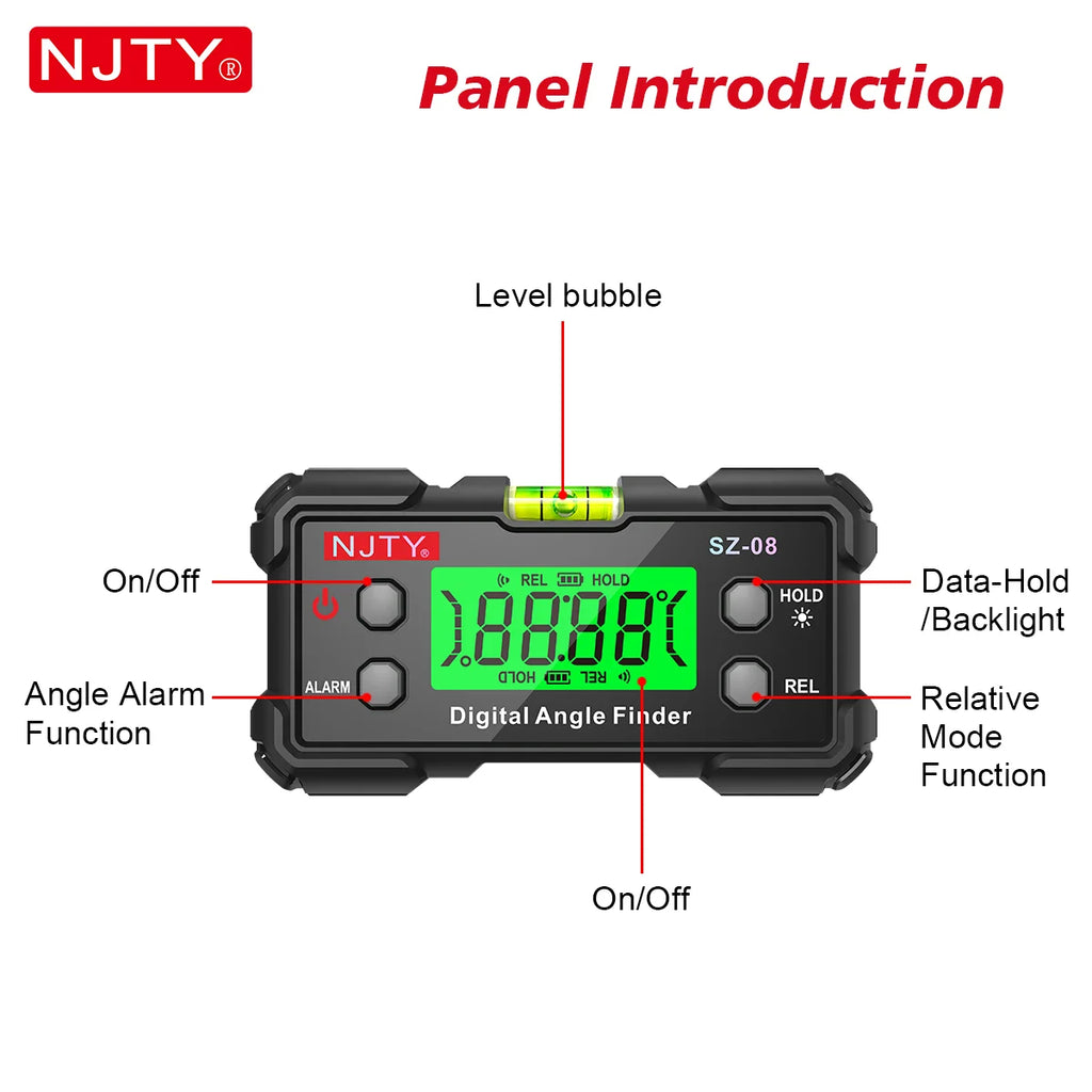 NJTY Digital Protractor Angle Finder Gauge Backlit Flip Screen Magnetic Inclinometer with Absolute REL Mode Measuring Tool