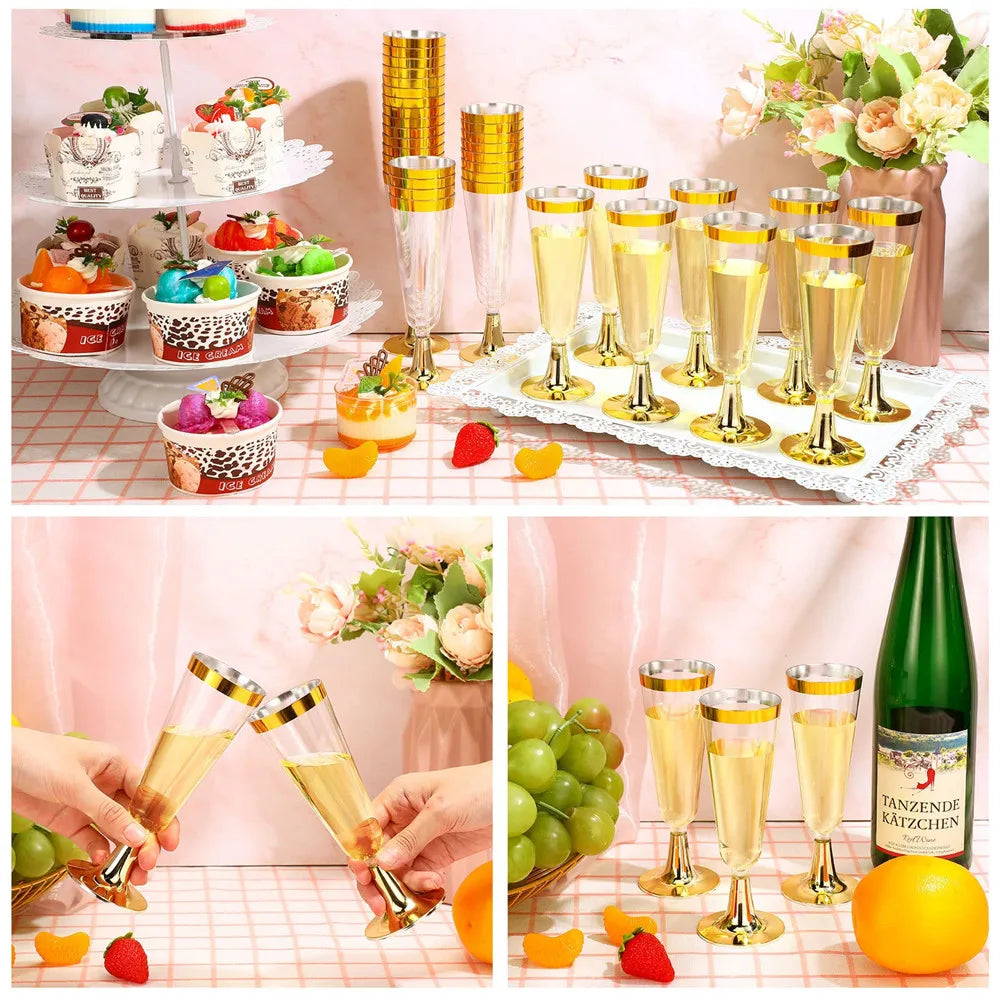 50pcs 5OZ Disposable Wine Cup Party  Plastic Champagne Flutes Cocktail Strawberry Toasting Glass for Wedding Bar Party Camping