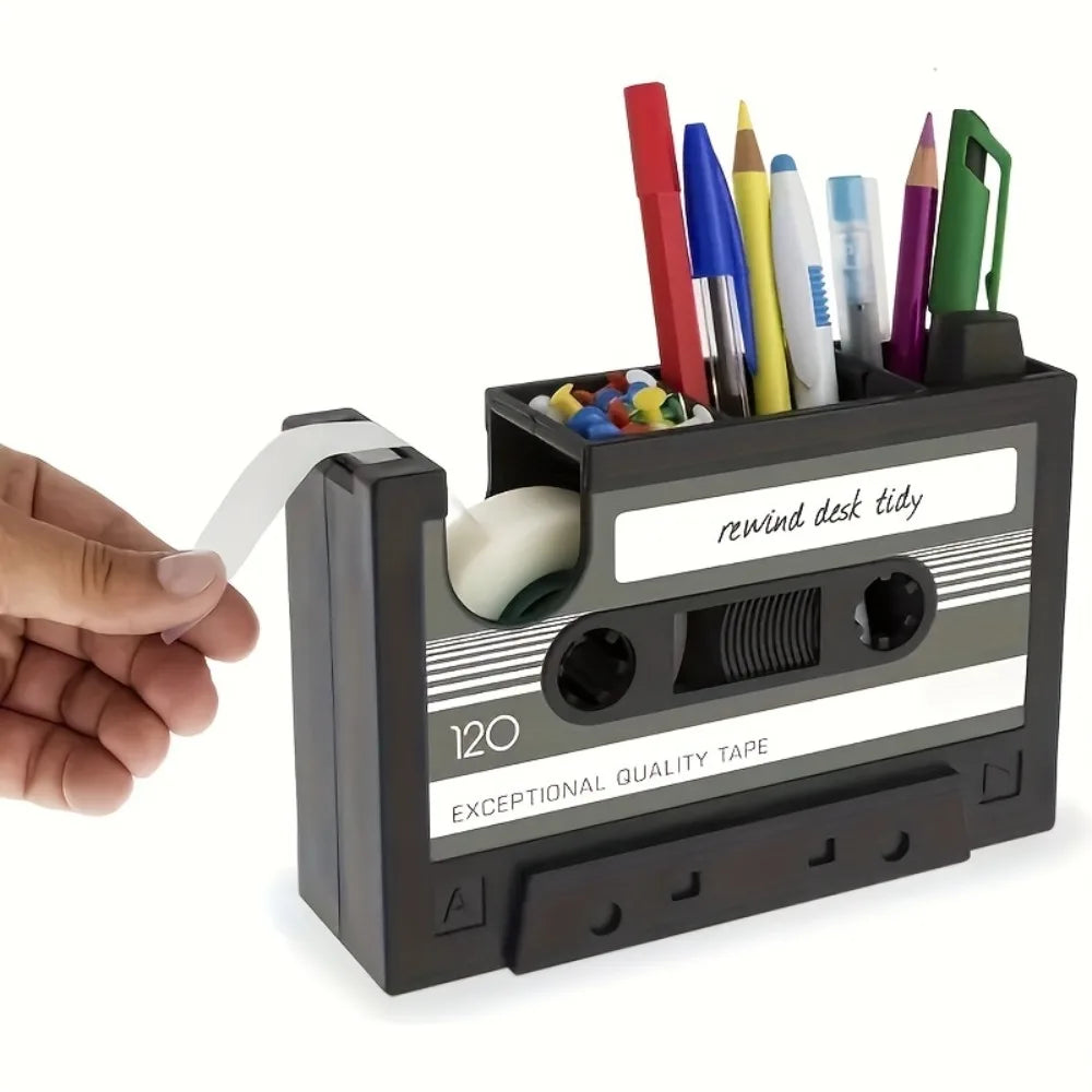 Retro Cassette Tape with Pen Holder 2 in 1 Vintage Desk Organizer for Office Home School Stationery Storage Tape Cutter Gifts