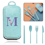 4Pcs Wheat Straw Cutlery Knife Spoon Fork Chopsticks Portable Set Plastic Detachable Dinnerware Purple Flower Letter Pattern
