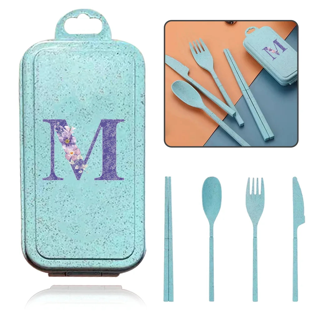 4Pcs Wheat Straw Cutlery Knife Spoon Fork Chopsticks Portable Set Plastic Detachable Dinnerware Purple Flower Letter Pattern