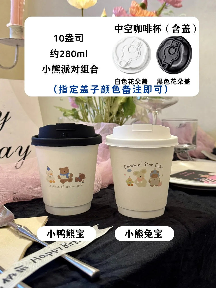 50 Sets of Coffee Packaging Cups Thickened and Heat-resistant Disposable Paper Cups Handdrawn Boys and Girls Juice Milk Mug