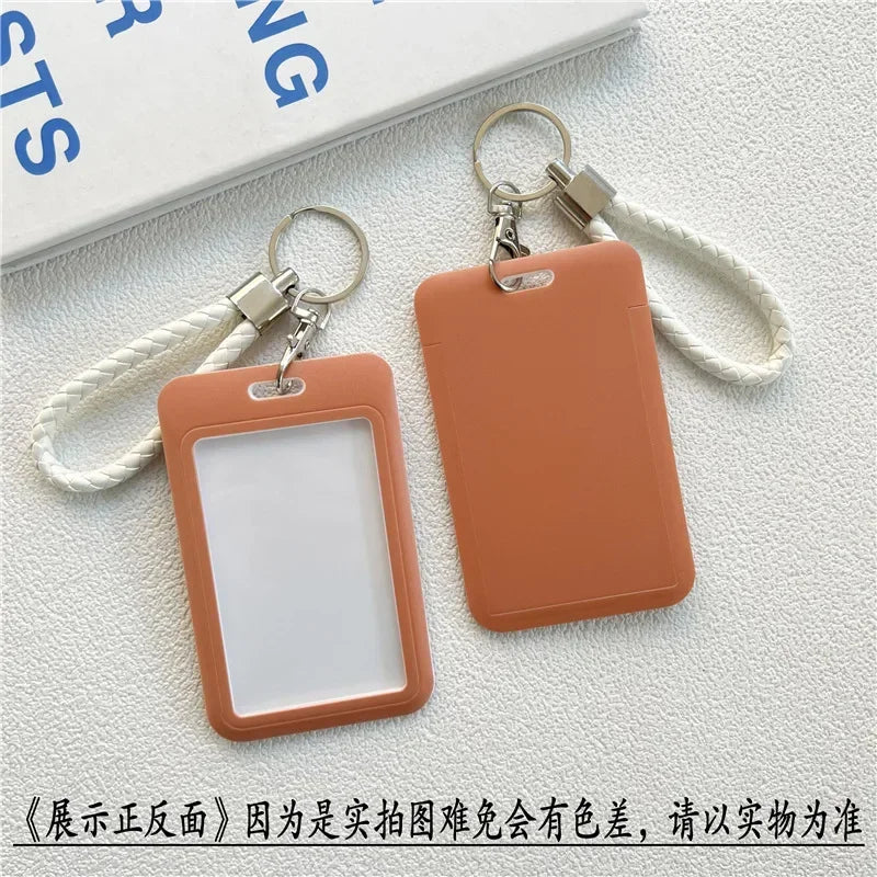 1Pc Solid Color Student Bus ID Card Protective Cover Keyring School Access Door Card Credit Card Holder Bag Set Key Chain
