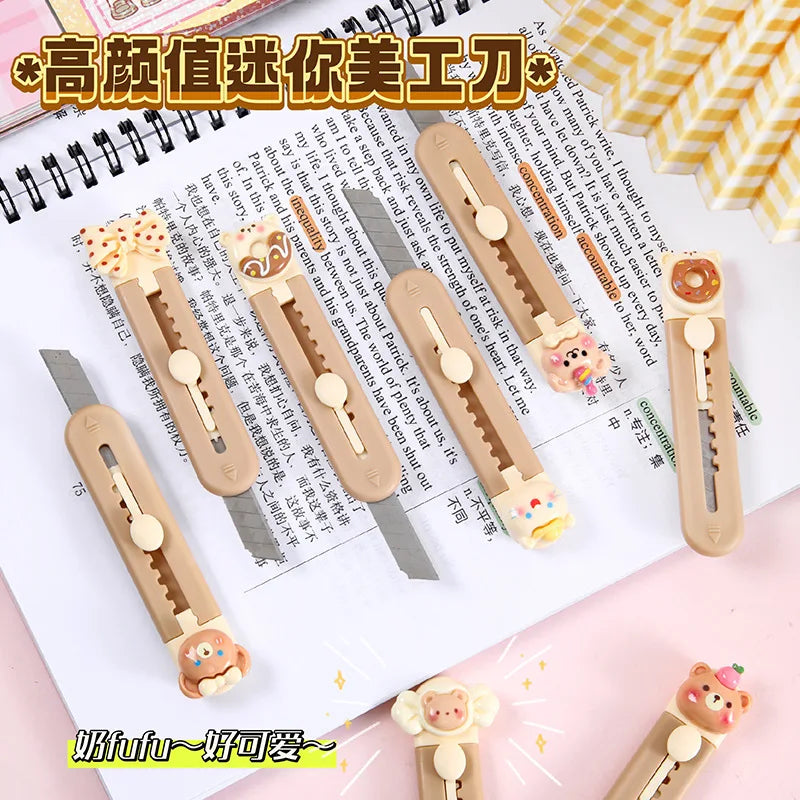 1 Piece Cartoon Utility Knife for Student Cute Fashion Box Cutter Small Portable Kawaii Beige Coffee Color Letter Opener Office
