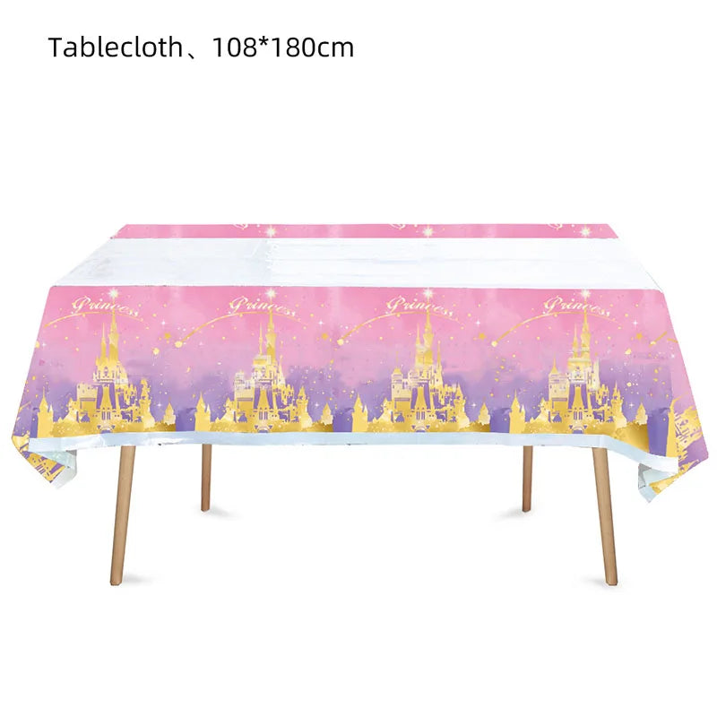 Pink Princess Castle Tableware Set Dessert Plates Cups tablecolth Balloon Banner Girls favorite Birthday Adult Wedding Decoratio
