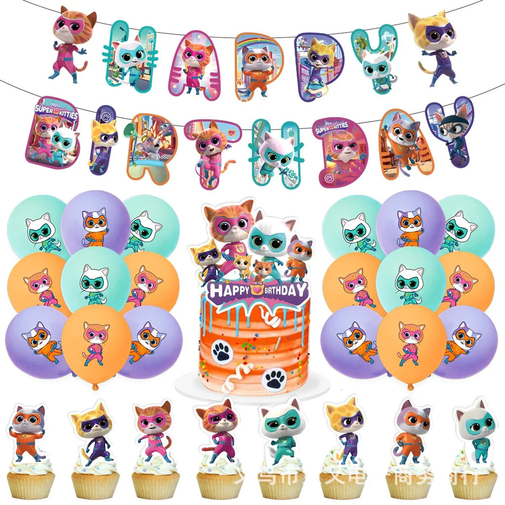 Superkitties Happy Birthday Party Decor Paw Meow Cat Super Kitties Tableware Tablecloth Plate Cup Gift Set Kid Party Supplie Toy