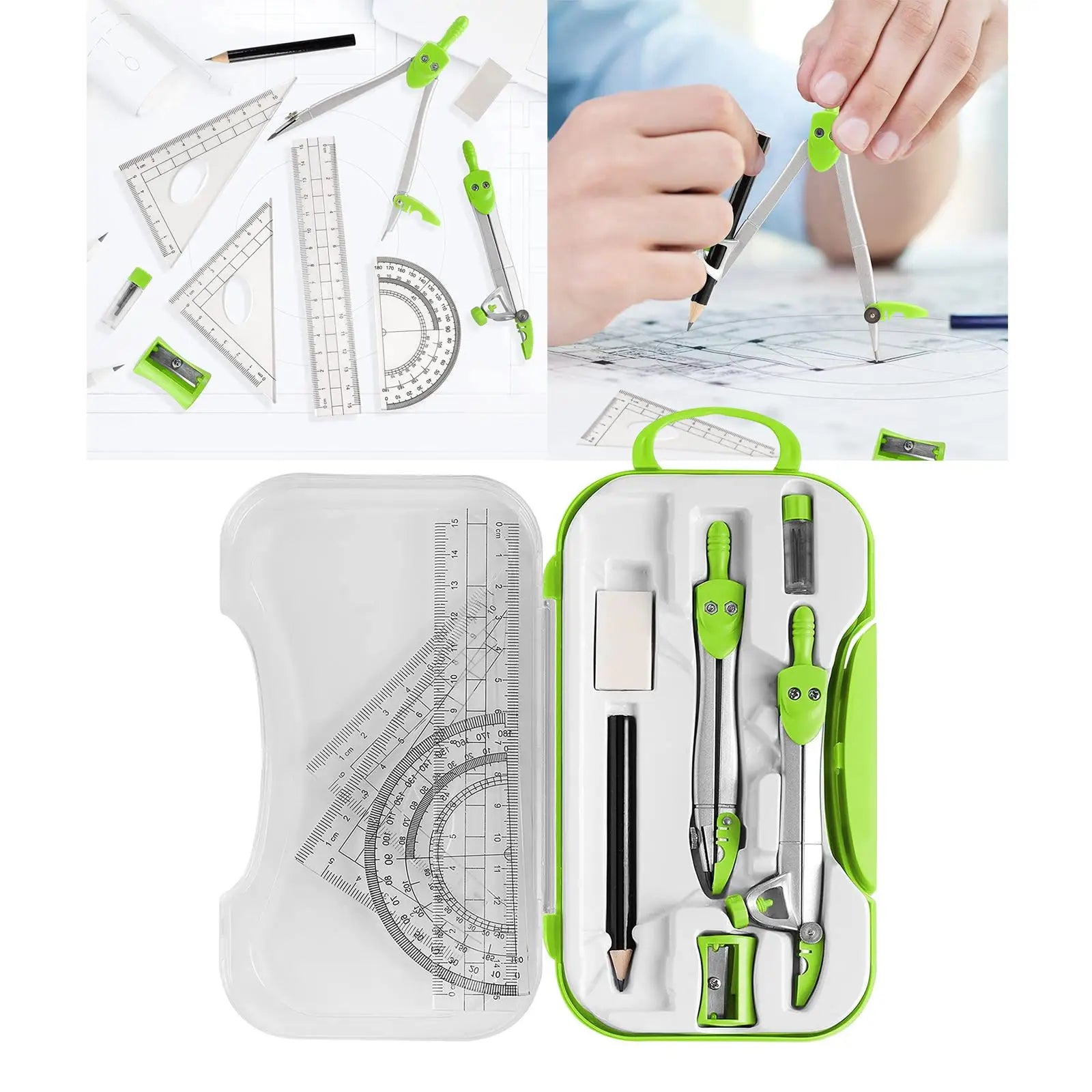 Math Geometry Kit Set Protractor Ruler Pencil with Case Eraser Drawing Supplies Teachers