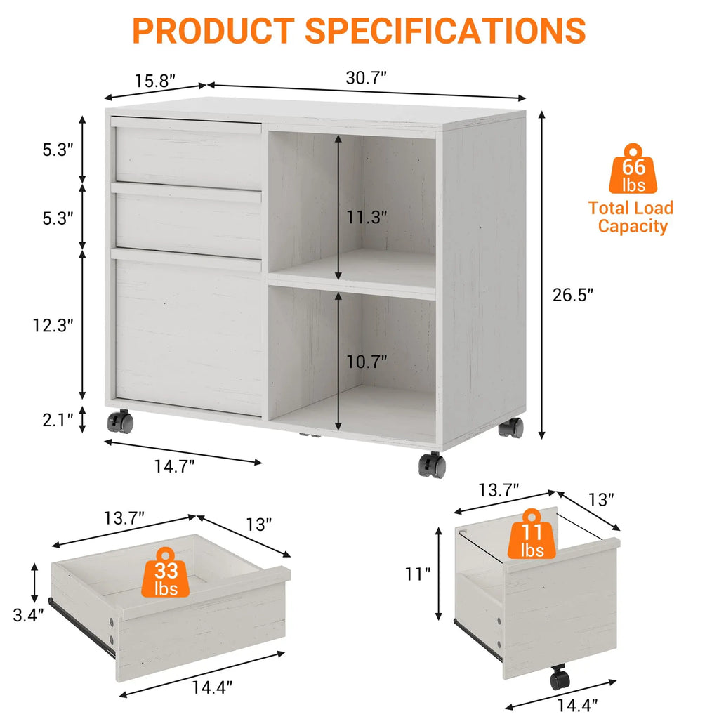 3 Drawer File Cabinet with Open Shelves, Rolling Lateral Filing Cabinet for Letter/A4, Mobile Wood Printer Stand on Wheels, Home Office Storage Organizer
