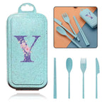 4Pcs Wheat Straw Cutlery Knife Spoon Fork Chopsticks Portable Set Plastic Detachable Dinnerware Purple Flower Letter Pattern