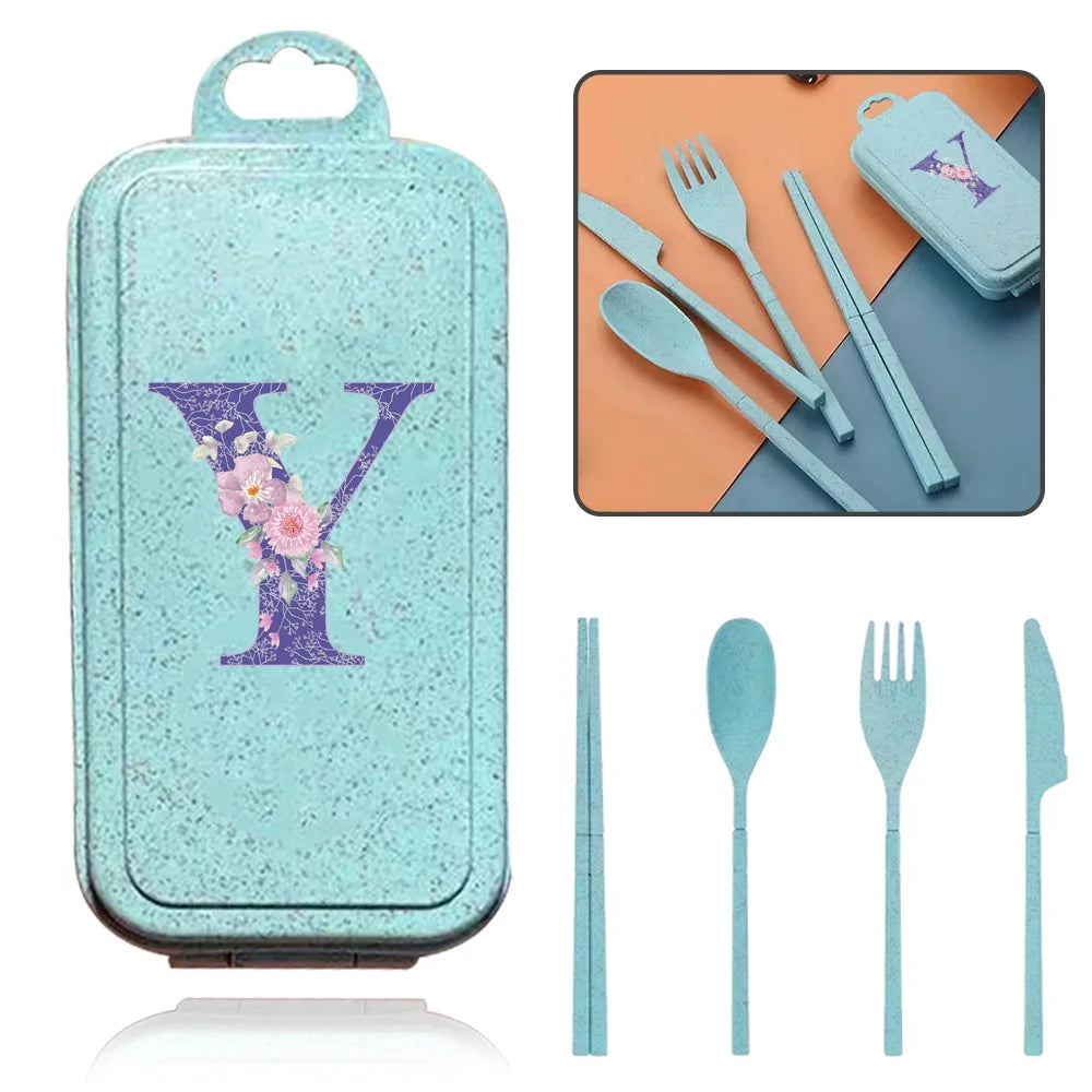 4Pcs Wheat Straw Cutlery Knife Spoon Fork Chopsticks Portable Set Plastic Detachable Dinnerware Purple Flower Letter Pattern