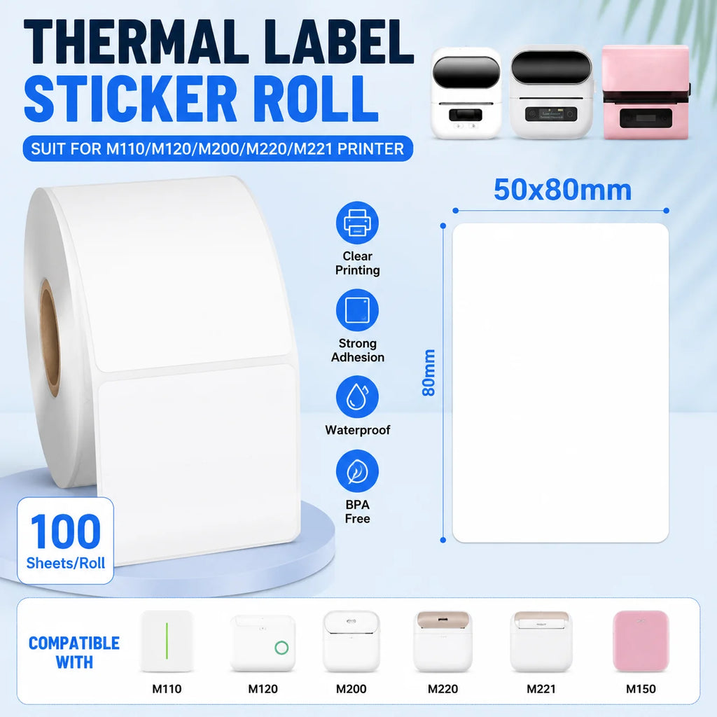 50×80mm Self-Adhesive Thermal Label Rolls with 100 Labels, Works for M100/M110/M220 Printer, Office School Commercial Shipping