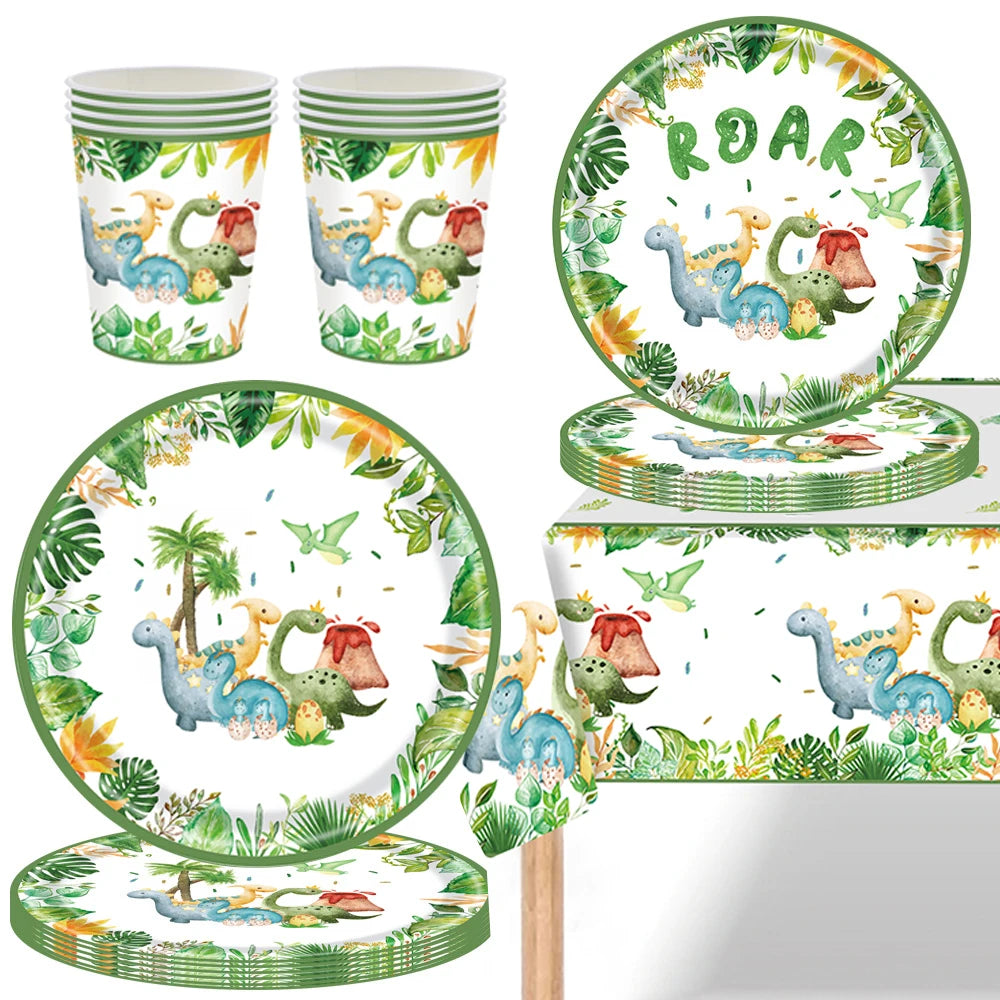 Cartoon Dinosaur Birthday Disposable Tableware Paper Plates Cups Napkin Tablecloth Dinosaur Roar Theme Birthday Party Decoration