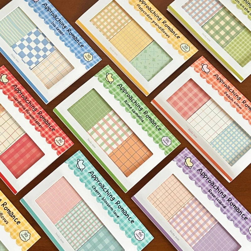 Kawaii Grid Sticky Notes Set, Cute Memo Pads Assorted Colors for Diary Journal Scrapbooking, Stationery Gift for School Office Supplies