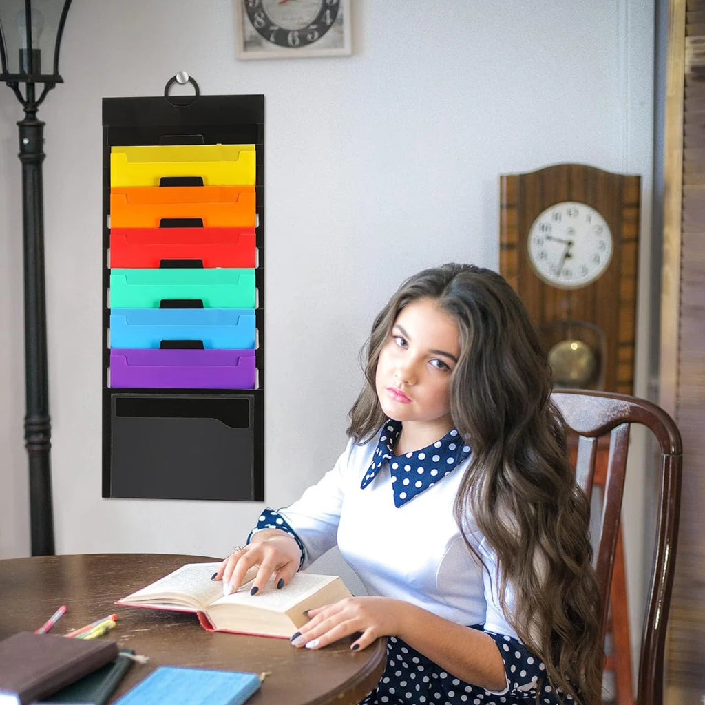 Wall-Mounted Expandable File Folder Organizer — Portable Hanging File Storage Pocket with 6 Pockets