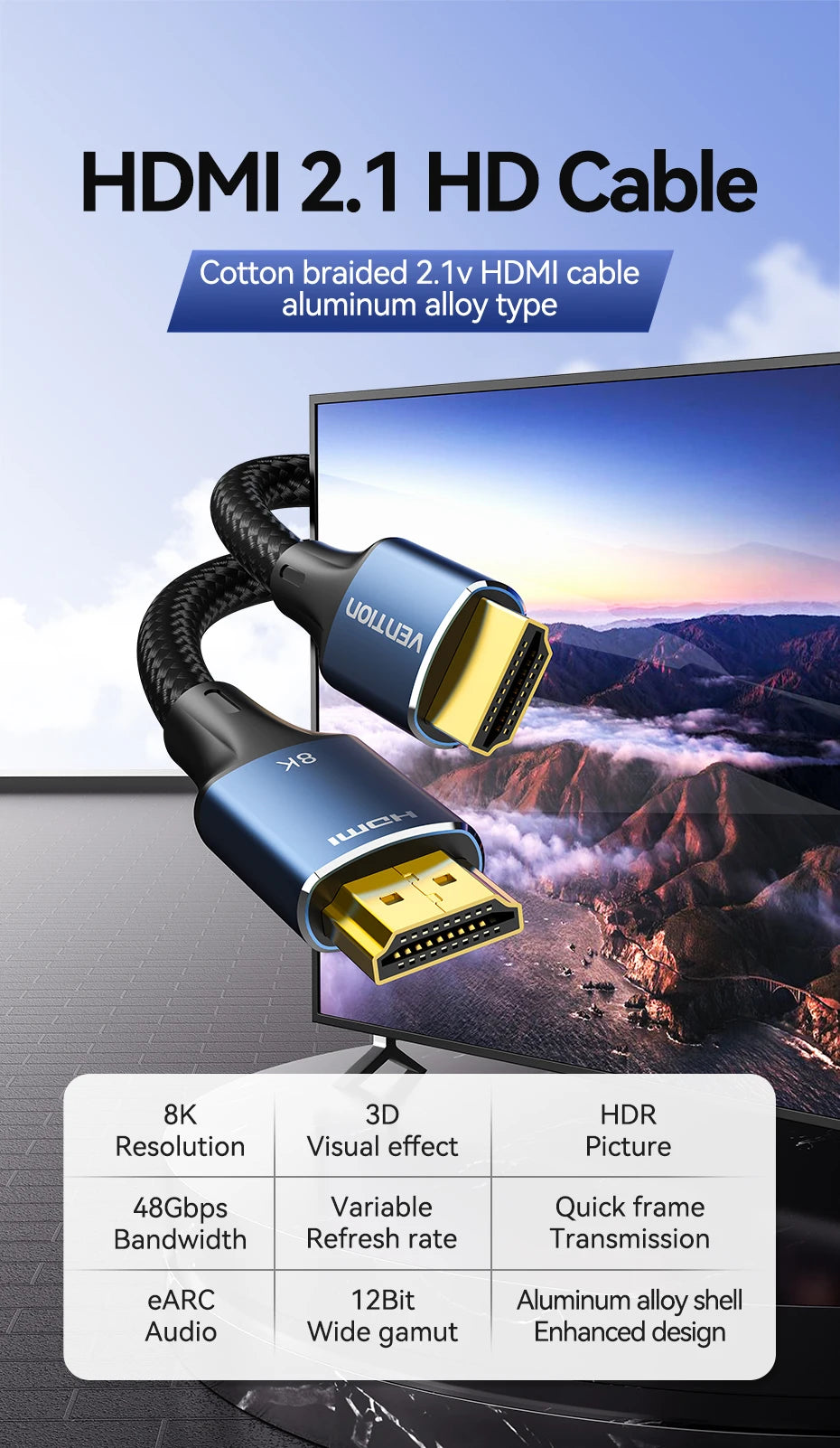 Vention HDMI-Compatible 2.1 Cable 8K/60Hz 4K/120Hz for Xiaomi Mi Box PS5 Dolby Vision 48Gbps HDMI-Compatible 8K HDMI 2.1 Cable
