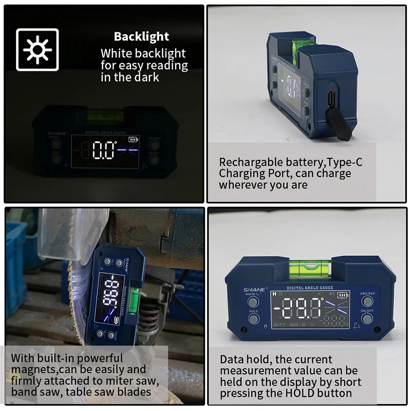SHAHE Rechargable Digital Protractor Inclinometer Digital Angle Finder Level Box Angle Measuring Tools