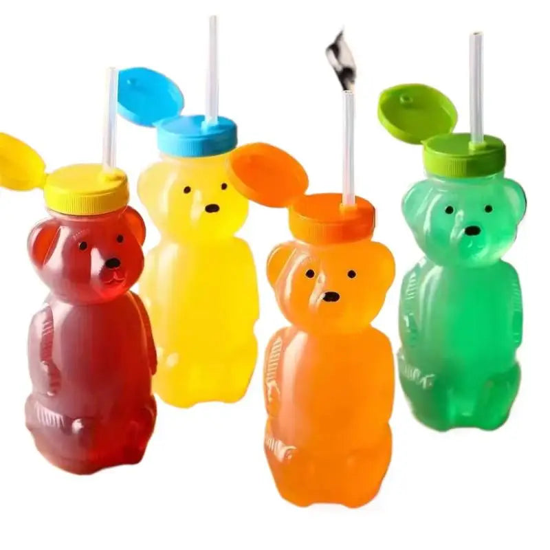 Cute Bear Shaped Bottle Plastic Drink Container Cartoon Honey Bear Straw Cup with Flexible Straws for Milk Juice Honey Storage