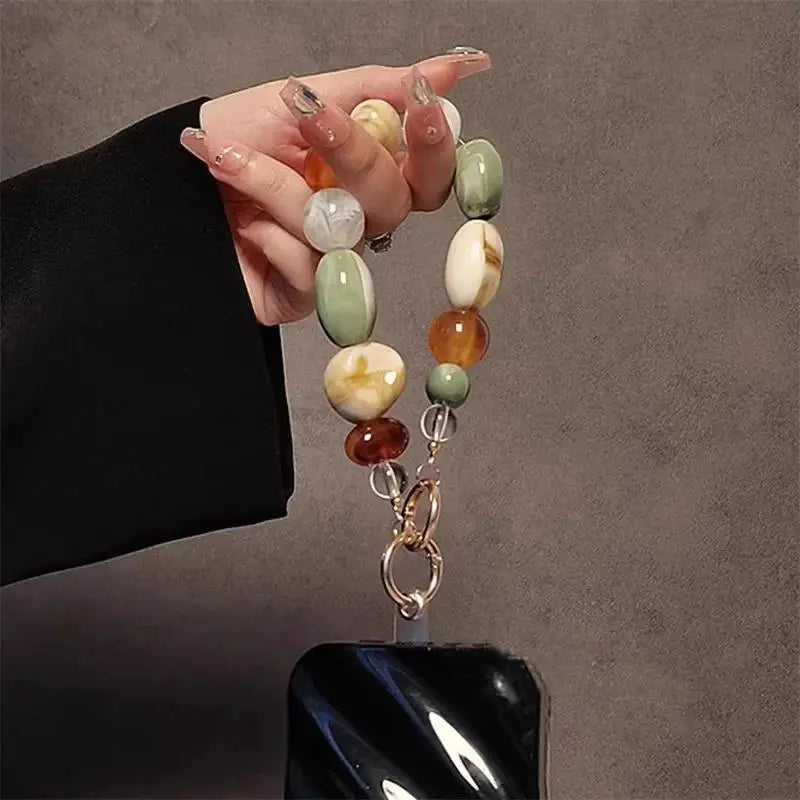 Small Fresh Mixed Color Grid Irregular Stone Mobile Phone Wrist Chain Phone Case Lanyard Creative XYu Keychain Hanging Universal