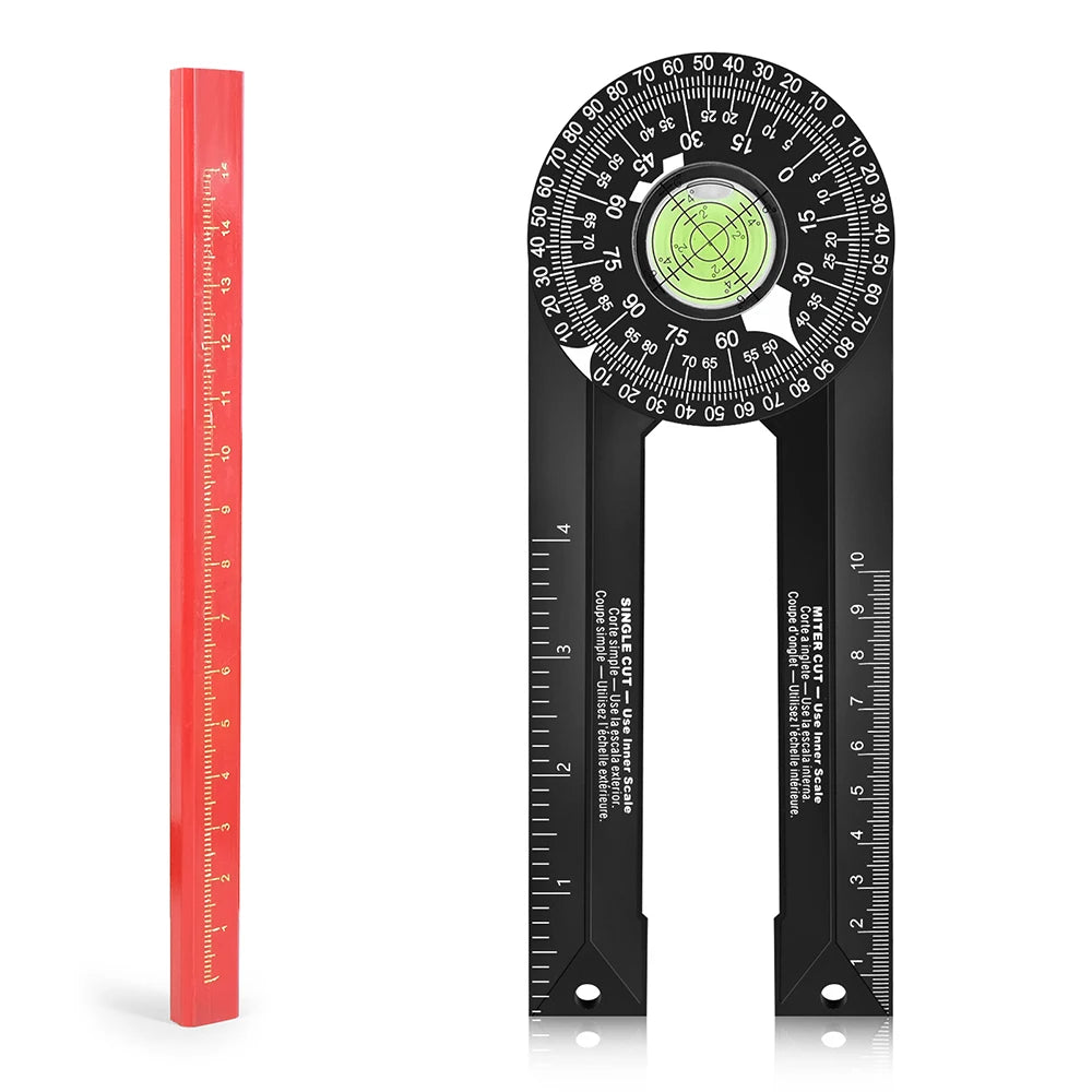 Woodworking Scale Mitre Saw Protractor 360° Angle Level with Pencil Carpenter Angle Finder Measuring Ruler Meter Gauge Tools