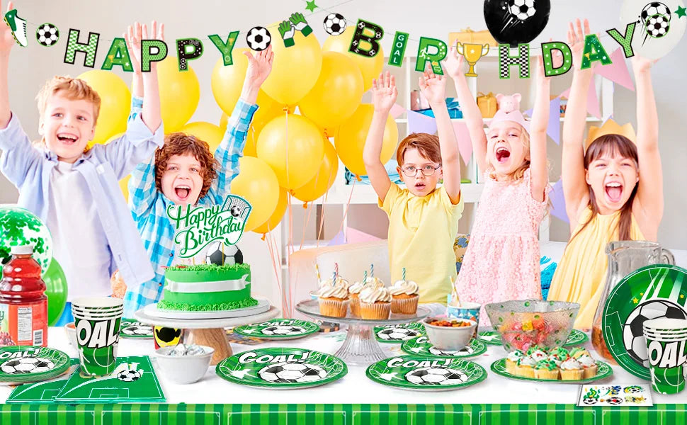 Soccer Party Decorations,113pcs Party Decorations&Tableware Set-Soccer Birthday Banner Balloons Whistle Keychain Plates etc