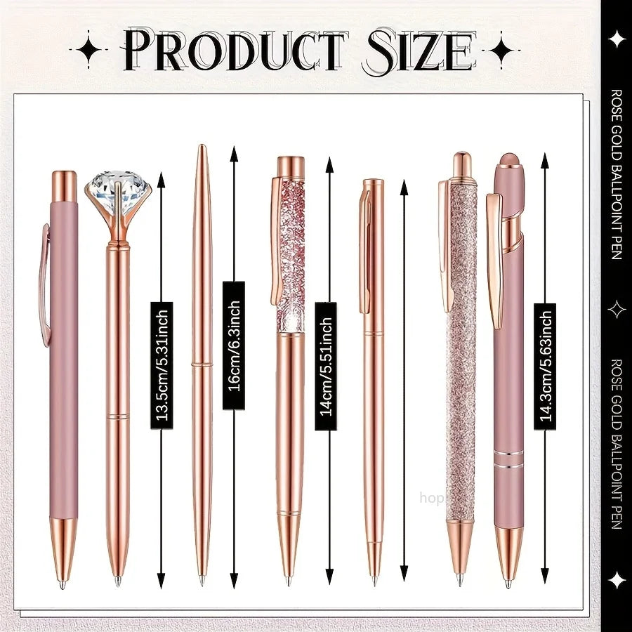 3-9pcs Rose Golden Metal Ballpoint Pen Set, Pearl Quicksand Crown, Love Artificial Diamond,School&Office Supply Gifts,Weddings