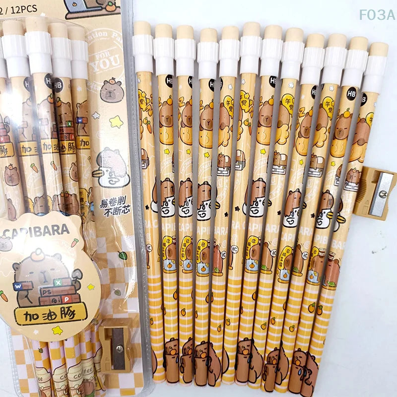 12pcs Cute Cartoon Capybara HB Pencils Stationery Set With Pencil Sharpener School Students Stationery Gift