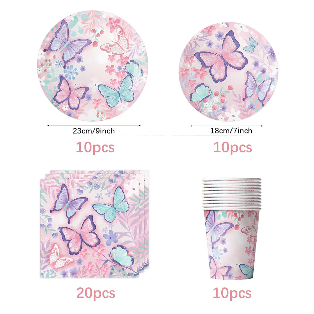 Butterfly Girls Birthday Party Disposable Tableware Fairy Pink Paper Plates Cups Napkin Tablecloth Birthday Party Decorations